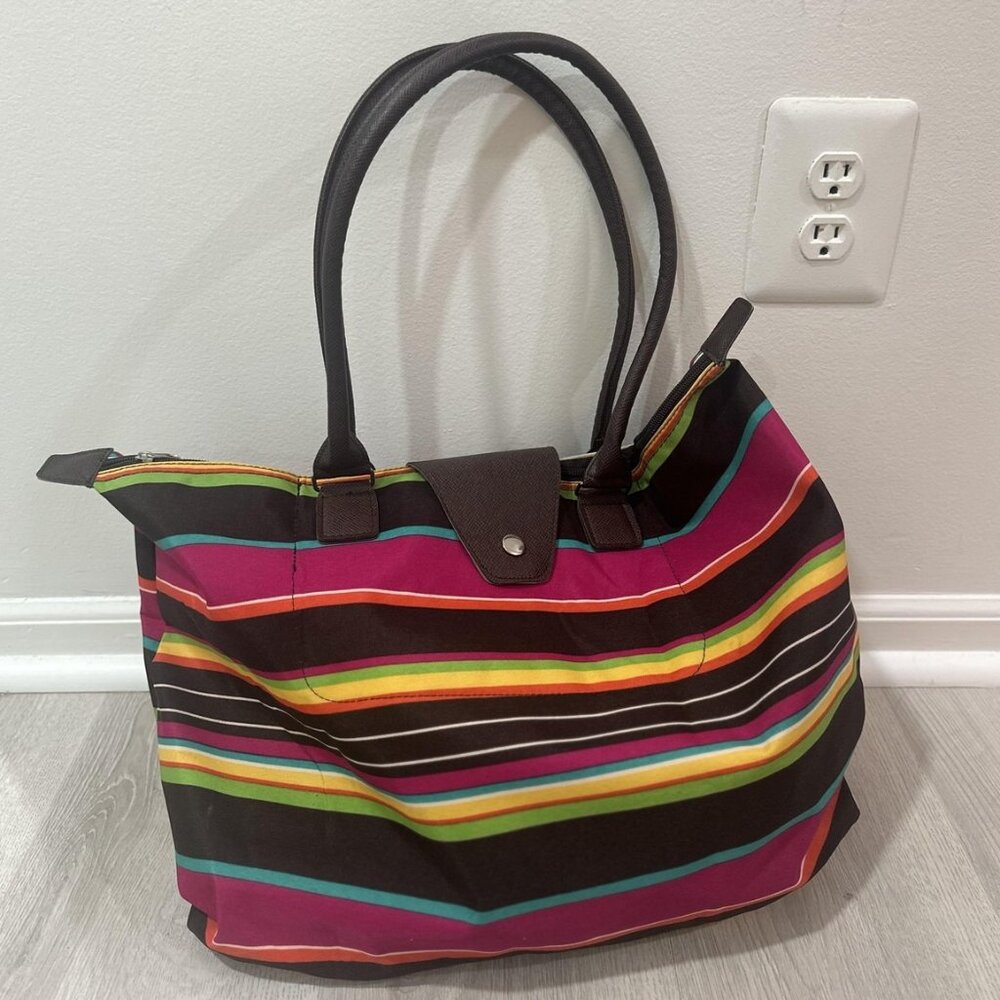 Striped Tote Bag Large Multicolor Zip Top‎ Shoulder Handbag W/Pouch Le Pliage